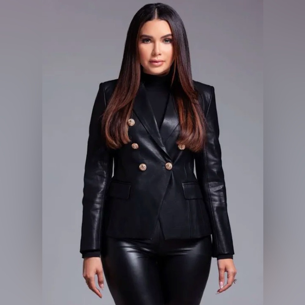 Black Double-Breasted Leather Blazer Jacket